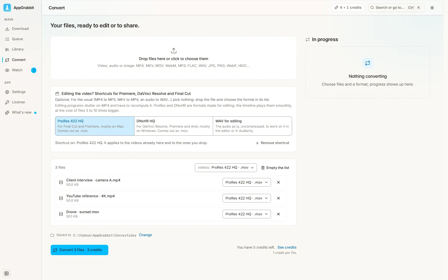 AppGrabbit on Windows: the Convert tab with the three shortcuts for editors