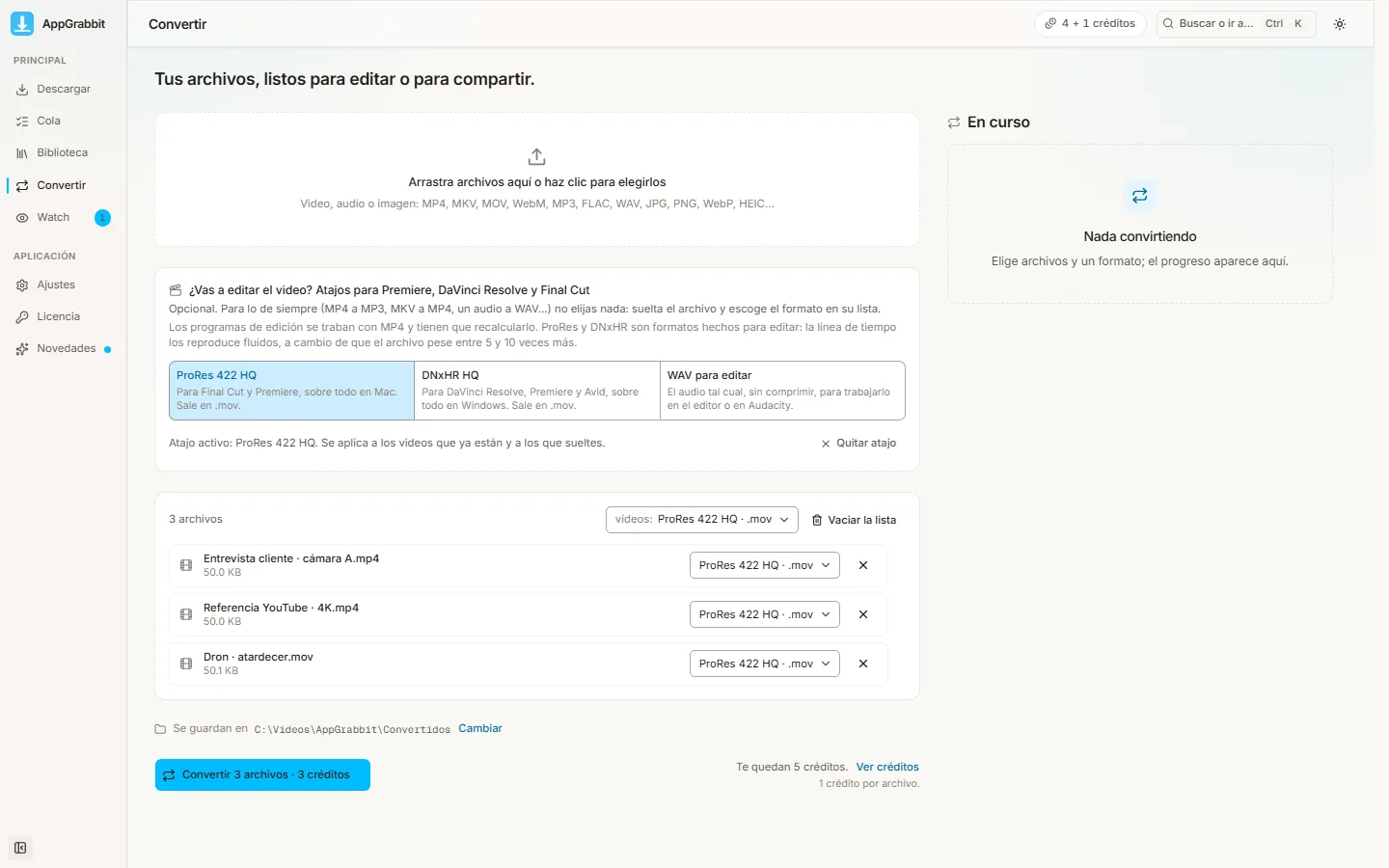AppGrabbit en Windows: la pestaña Convertir con los tres atajos para editores