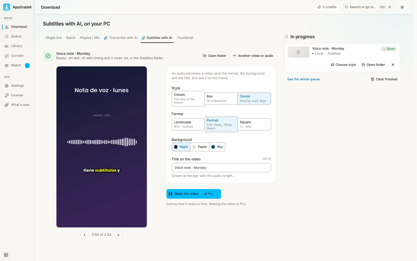 AppGrabbit: bars that follow the voice over a background, with a title and subtitles