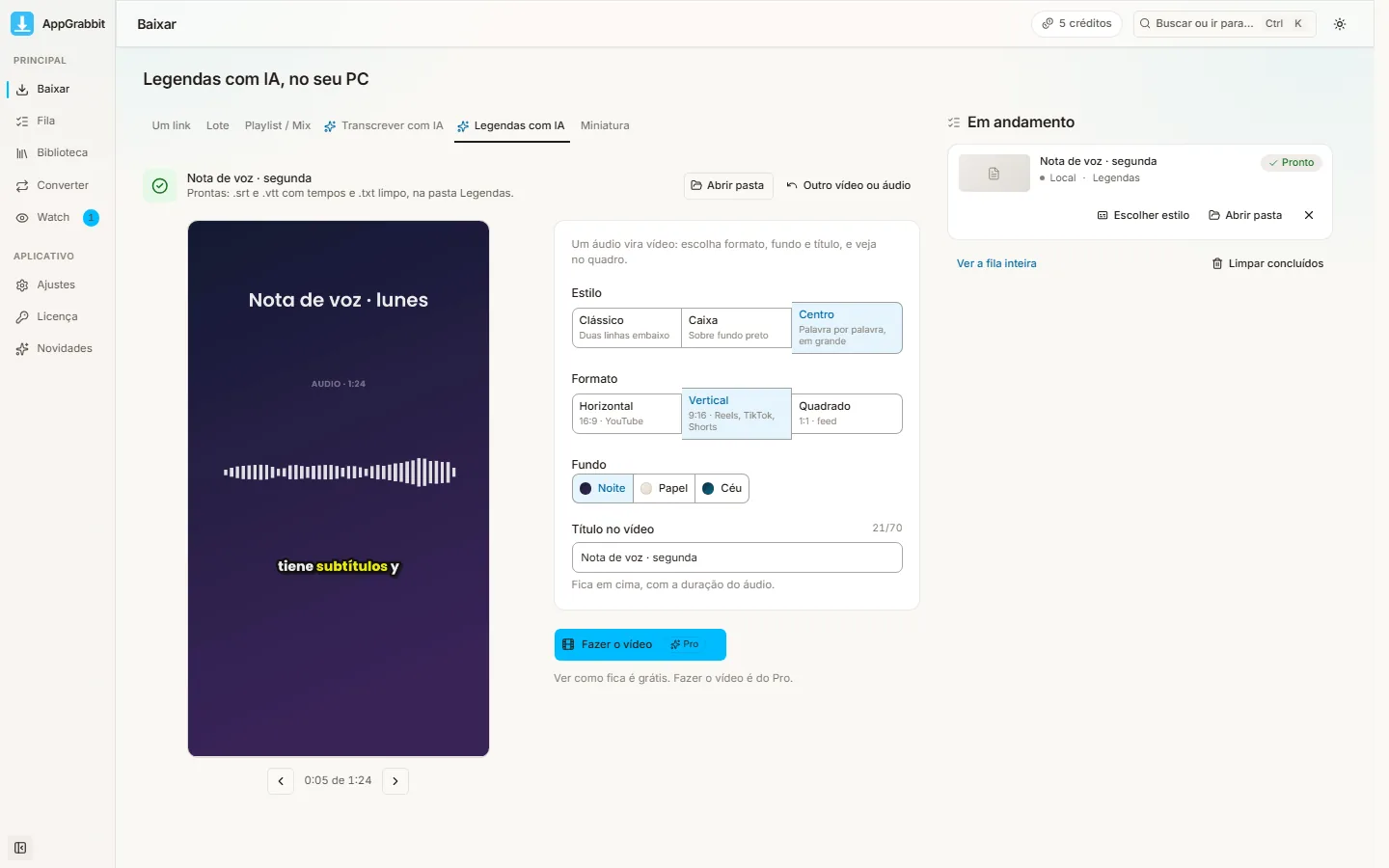 AppGrabbit: um áudio do WhatsApp transformado em vídeo vertical, com título, barras que seguem a voz e legendas