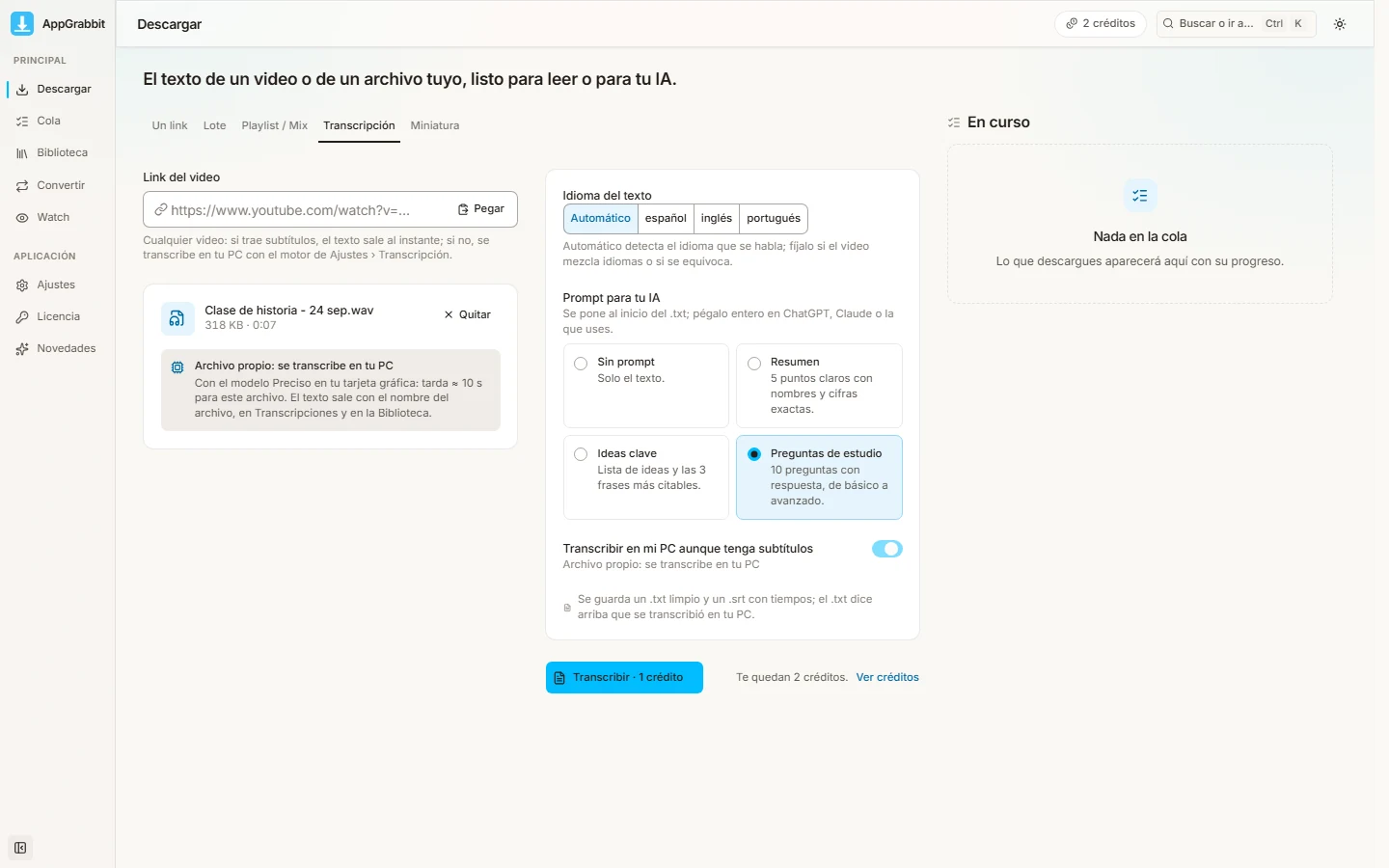 AppGrabbit, Transcribir con IA: una grabación de clase convertida en texto, con el prompt elegido arriba