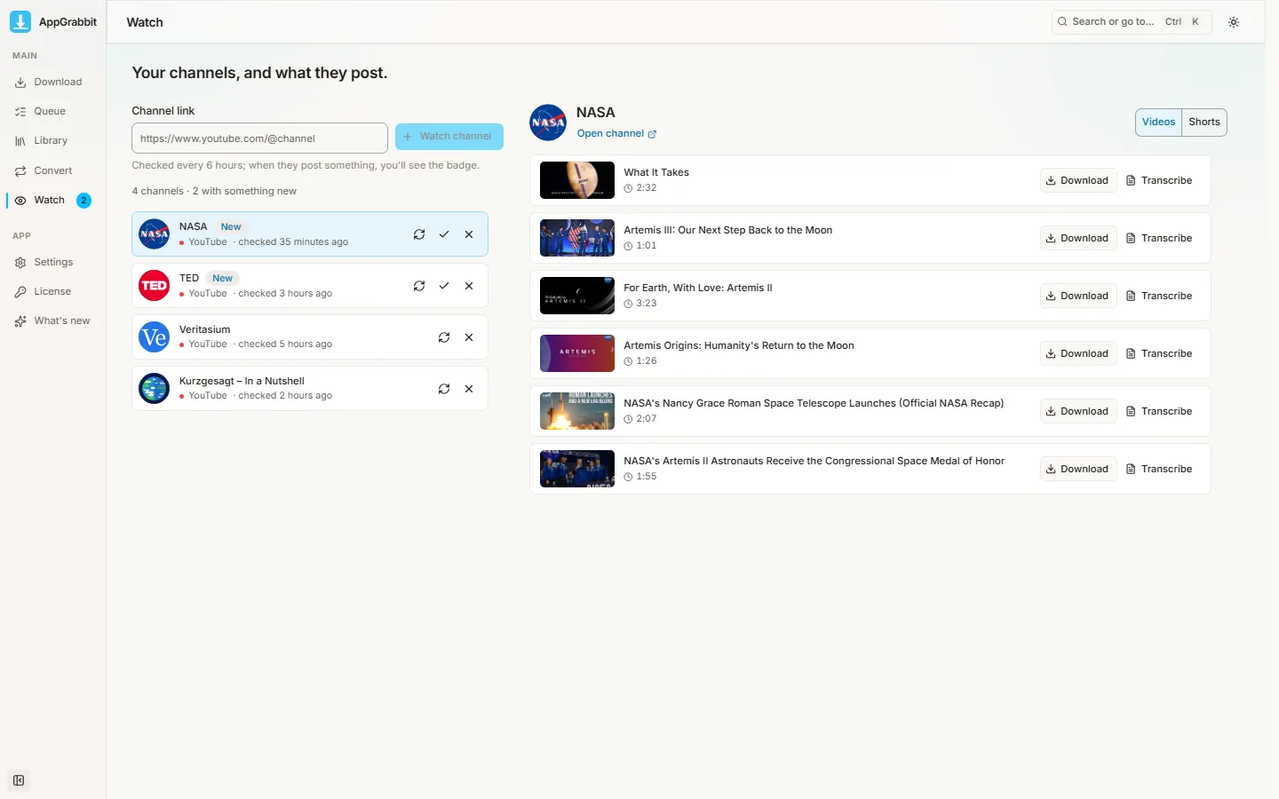AppGrabbit's Watch section: the channel list with the New flag and the latest videos of the chosen channel with Download and Transcribe buttons.